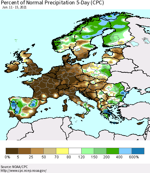 Europe Percent of Normal Precipitation 5-Day (CPC) Thematic Map For 6/11/2021 - 6/15/2021