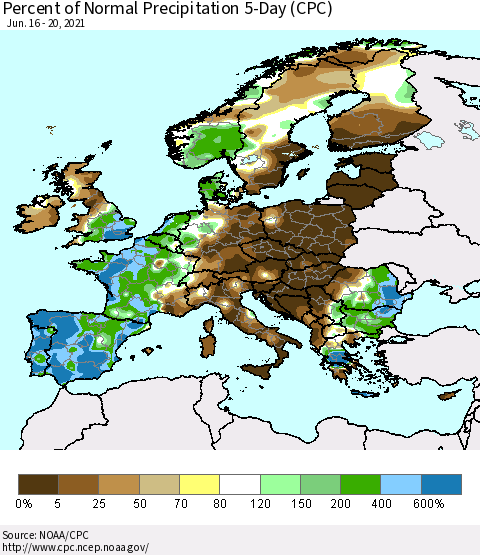 Europe Percent of Normal Precipitation 5-Day (CPC) Thematic Map For 6/16/2021 - 6/20/2021
