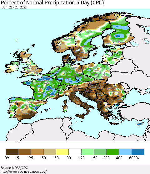 Europe Percent of Normal Precipitation 5-Day (CPC) Thematic Map For 6/21/2021 - 6/25/2021