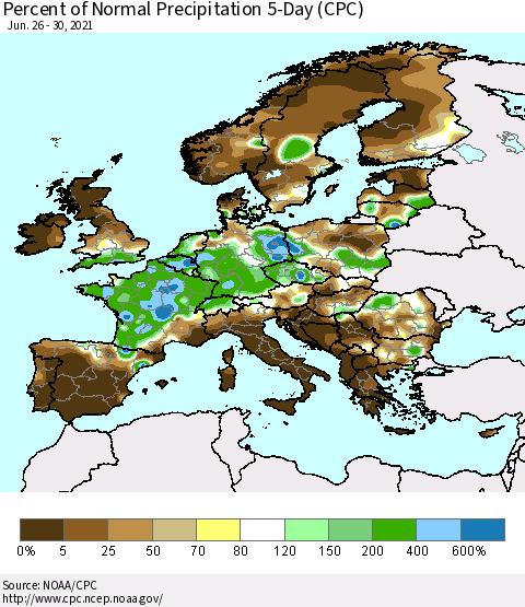 Europe Percent of Normal Precipitation 5-Day (CPC) Thematic Map For 6/26/2021 - 6/30/2021