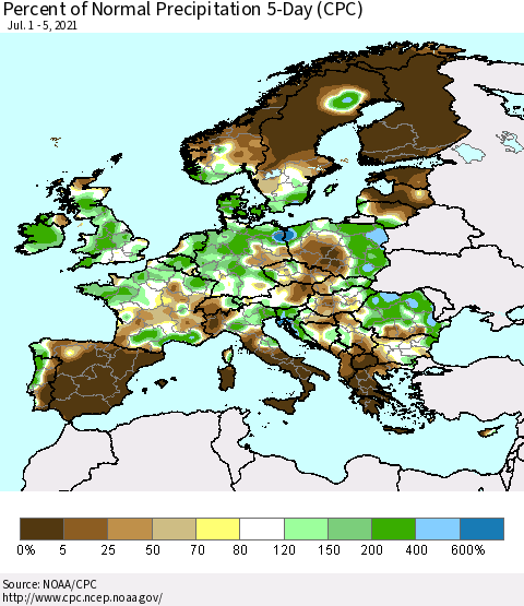 Europe Percent of Normal Precipitation 5-Day (CPC) Thematic Map For 7/1/2021 - 7/5/2021