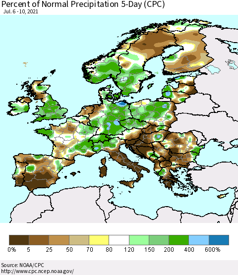 Europe Percent of Normal Precipitation 5-Day (CPC) Thematic Map For 7/6/2021 - 7/10/2021