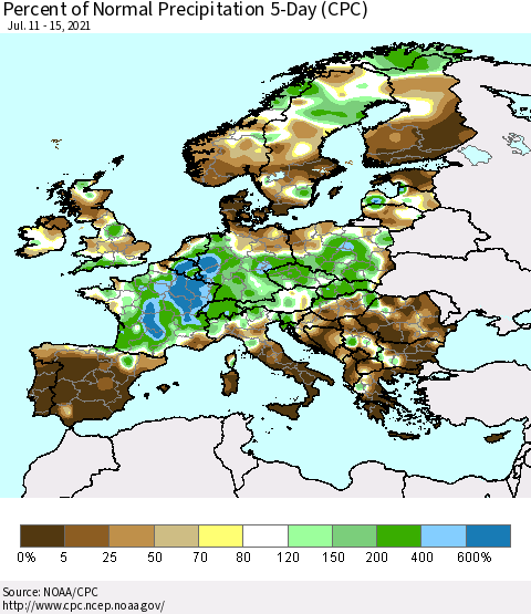 Europe Percent of Normal Precipitation 5-Day (CPC) Thematic Map For 7/11/2021 - 7/15/2021