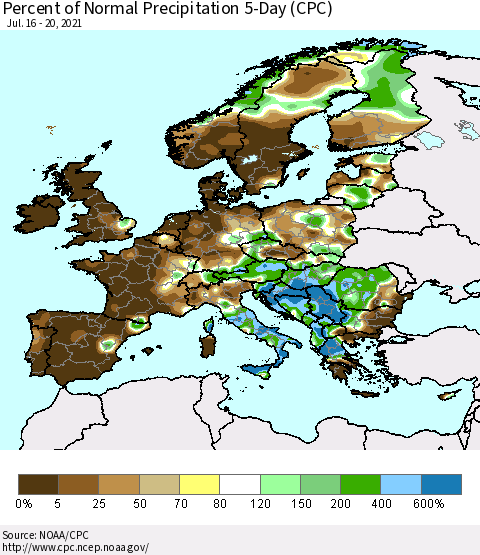Europe Percent of Normal Precipitation 5-Day (CPC) Thematic Map For 7/16/2021 - 7/20/2021