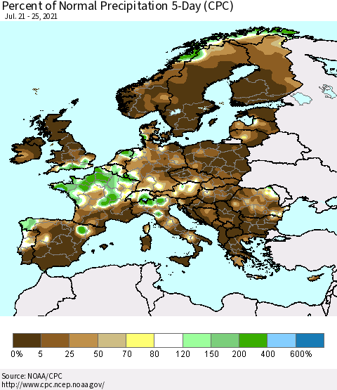 Europe Percent of Normal Precipitation 5-Day (CPC) Thematic Map For 7/21/2021 - 7/25/2021