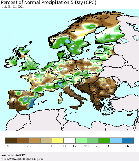 Europe Percent of Normal Precipitation 5-Day (CPC) Thematic Map For 7/26/2021 - 7/31/2021