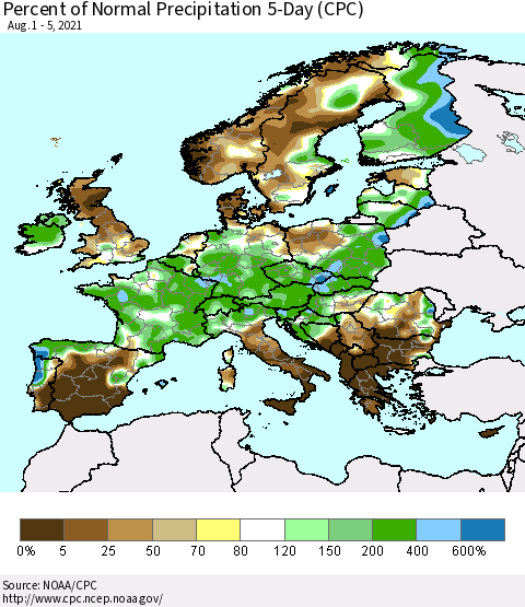 Europe Percent of Normal Precipitation 5-Day (CPC) Thematic Map For 8/1/2021 - 8/5/2021