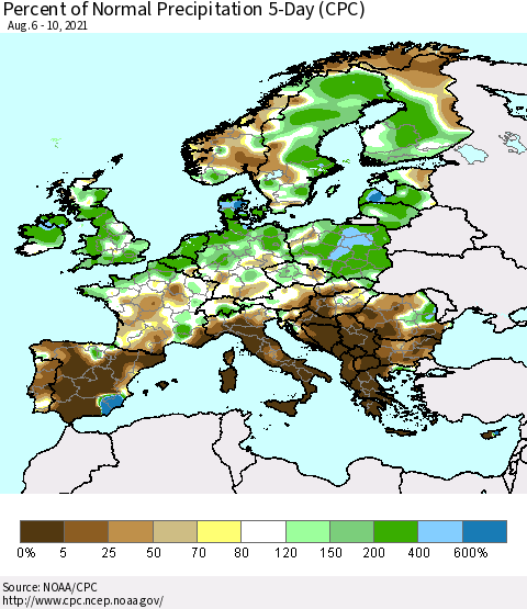 Europe Percent of Normal Precipitation 5-Day (CPC) Thematic Map For 8/6/2021 - 8/10/2021