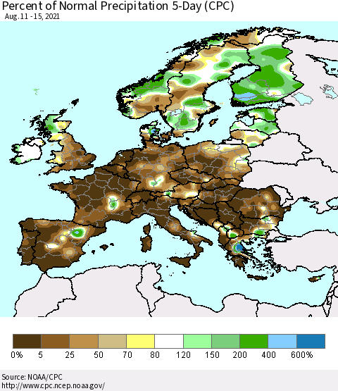 Europe Percent of Normal Precipitation 5-Day (CPC) Thematic Map For 8/11/2021 - 8/15/2021