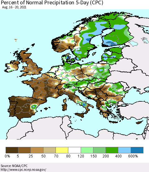 Europe Percent of Normal Precipitation 5-Day (CPC) Thematic Map For 8/16/2021 - 8/20/2021