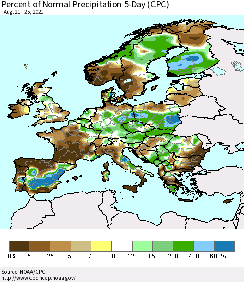 Europe Percent of Normal Precipitation 5-Day (CPC) Thematic Map For 8/21/2021 - 8/25/2021