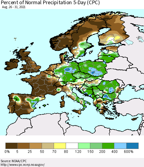 Europe Percent of Normal Precipitation 5-Day (CPC) Thematic Map For 8/26/2021 - 8/31/2021