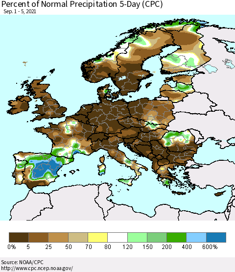 Europe Percent of Normal Precipitation 5-Day (CPC) Thematic Map For 9/1/2021 - 9/5/2021