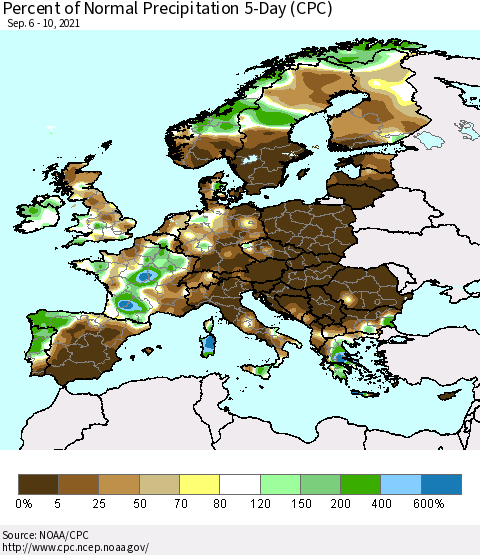 Europe Percent of Normal Precipitation 5-Day (CPC) Thematic Map For 9/6/2021 - 9/10/2021