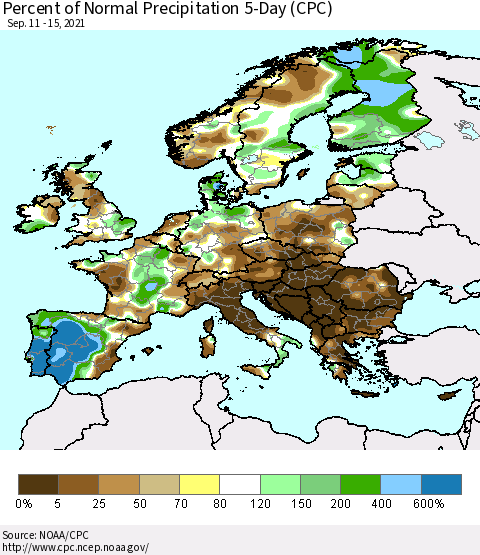 Europe Percent of Normal Precipitation 5-Day (CPC) Thematic Map For 9/11/2021 - 9/15/2021