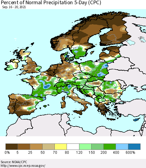 Europe Percent of Normal Precipitation 5-Day (CPC) Thematic Map For 9/16/2021 - 9/20/2021
