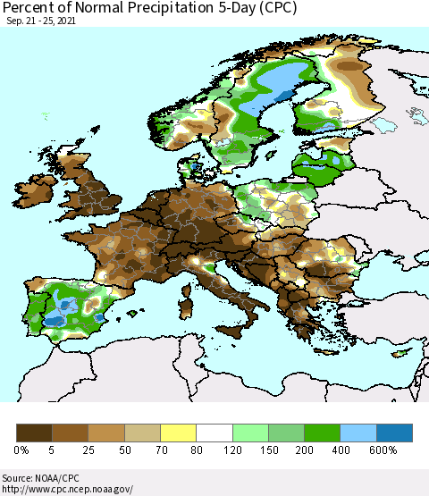 Europe Percent of Normal Precipitation 5-Day (CPC) Thematic Map For 9/21/2021 - 9/25/2021