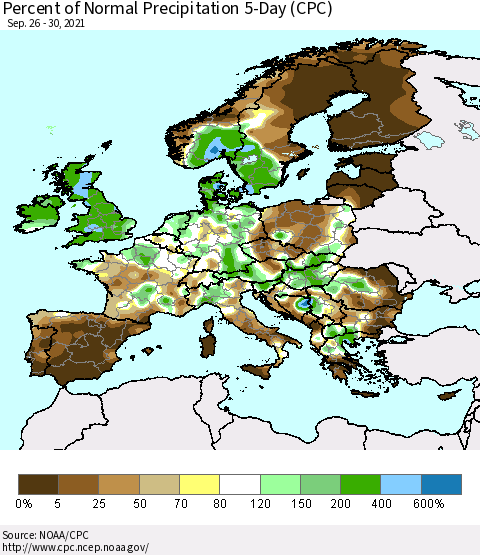 Europe Percent of Normal Precipitation 5-Day (CPC) Thematic Map For 9/26/2021 - 9/30/2021