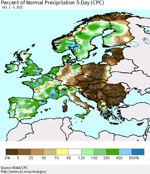 Europe Percent of Normal Precipitation 5-Day (CPC) Thematic Map For 10/1/2021 - 10/5/2021