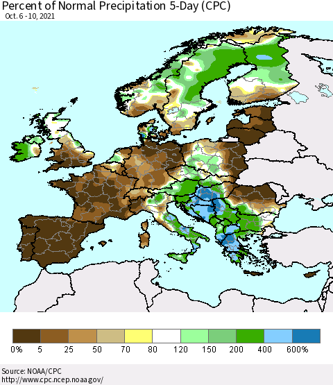 Europe Percent of Normal Precipitation 5-Day (CPC) Thematic Map For 10/6/2021 - 10/10/2021