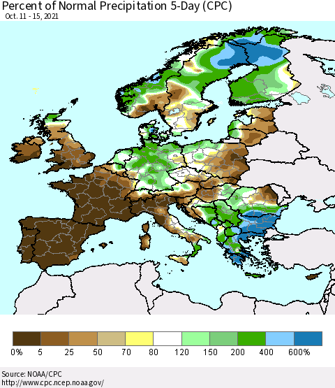 Europe Percent of Normal Precipitation 5-Day (CPC) Thematic Map For 10/11/2021 - 10/15/2021