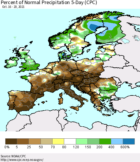 Europe Percent of Normal Precipitation 5-Day (CPC) Thematic Map For 10/16/2021 - 10/20/2021