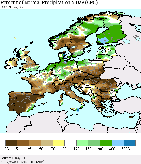 Europe Percent of Normal Precipitation 5-Day (CPC) Thematic Map For 10/21/2021 - 10/25/2021
