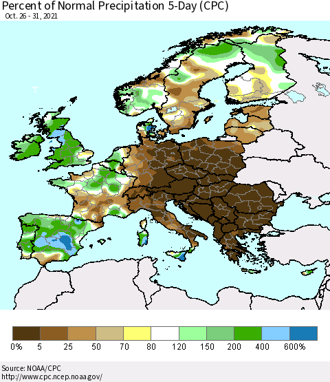 Europe Percent of Normal Precipitation 5-Day (CPC) Thematic Map For 10/26/2021 - 10/31/2021