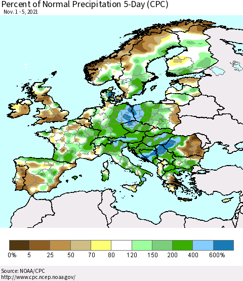 Europe Percent of Normal Precipitation 5-Day (CPC) Thematic Map For 11/1/2021 - 11/5/2021