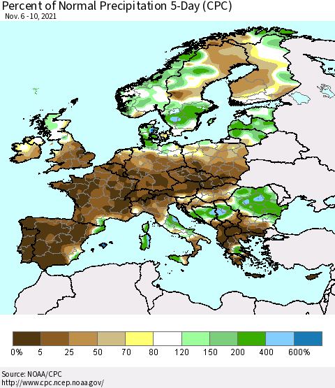 Europe Percent of Normal Precipitation 5-Day (CPC) Thematic Map For 11/6/2021 - 11/10/2021