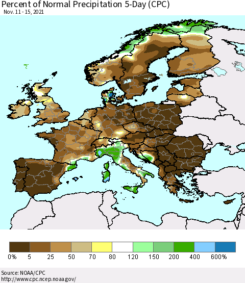 Europe Percent of Normal Precipitation 5-Day (CPC) Thematic Map For 11/11/2021 - 11/15/2021