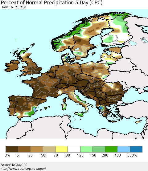 Europe Percent of Normal Precipitation 5-Day (CPC) Thematic Map For 11/16/2021 - 11/20/2021