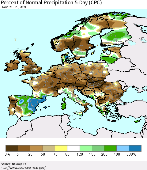 Europe Percent of Normal Precipitation 5-Day (CPC) Thematic Map For 11/21/2021 - 11/25/2021