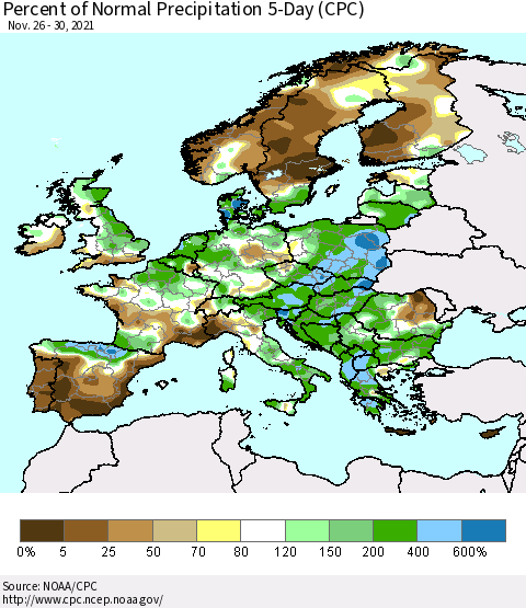 Europe Percent of Normal Precipitation 5-Day (CPC) Thematic Map For 11/26/2021 - 11/30/2021