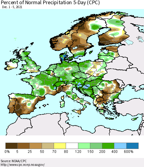 Europe Percent of Normal Precipitation 5-Day (CPC) Thematic Map For 12/1/2021 - 12/5/2021