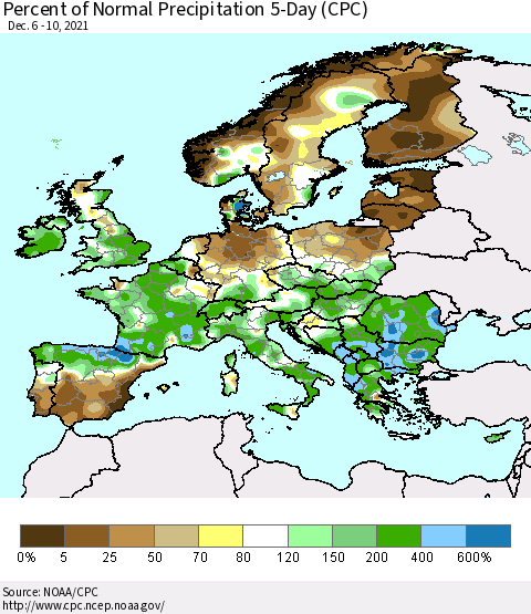 Europe Percent of Normal Precipitation 5-Day (CPC) Thematic Map For 12/6/2021 - 12/10/2021