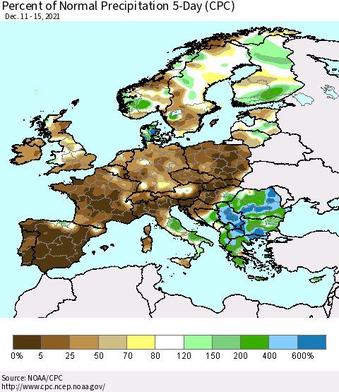 Europe Percent of Normal Precipitation 5-Day (CPC) Thematic Map For 12/11/2021 - 12/15/2021