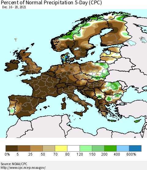 Europe Percent of Normal Precipitation 5-Day (CPC) Thematic Map For 12/16/2021 - 12/20/2021