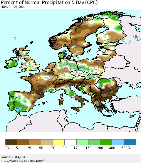 Europe Percent of Normal Precipitation 5-Day (CPC) Thematic Map For 12/21/2021 - 12/25/2021