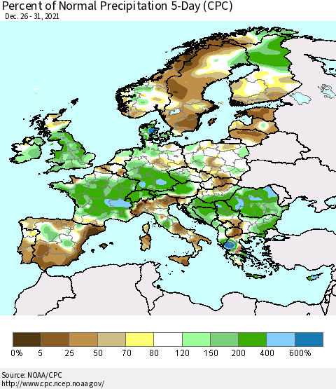 Europe Percent of Normal Precipitation 5-Day (CPC) Thematic Map For 12/26/2021 - 12/31/2021