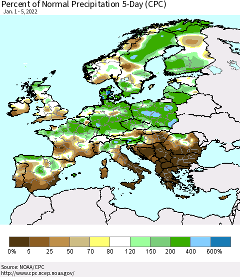 Europe Percent of Normal Precipitation 5-Day (CPC) Thematic Map For 1/1/2022 - 1/5/2022