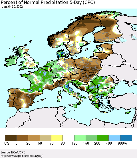 Europe Percent of Normal Precipitation 5-Day (CPC) Thematic Map For 1/6/2022 - 1/10/2022