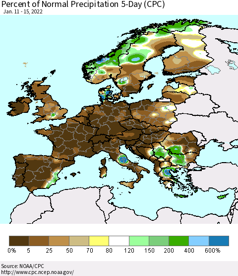 Europe Percent of Normal Precipitation 5-Day (CPC) Thematic Map For 1/11/2022 - 1/15/2022