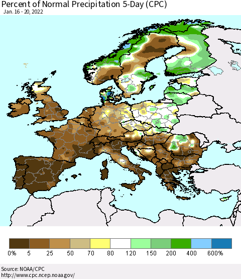 Europe Percent of Normal Precipitation 5-Day (CPC) Thematic Map For 1/16/2022 - 1/20/2022