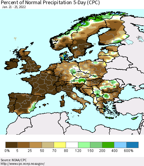 Europe Percent of Normal Precipitation 5-Day (CPC) Thematic Map For 1/21/2022 - 1/25/2022