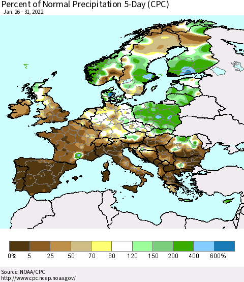 Europe Percent of Normal Precipitation 5-Day (CPC) Thematic Map For 1/26/2022 - 1/31/2022