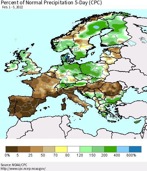 Europe Percent of Normal Precipitation 5-Day (CPC) Thematic Map For 2/1/2022 - 2/5/2022