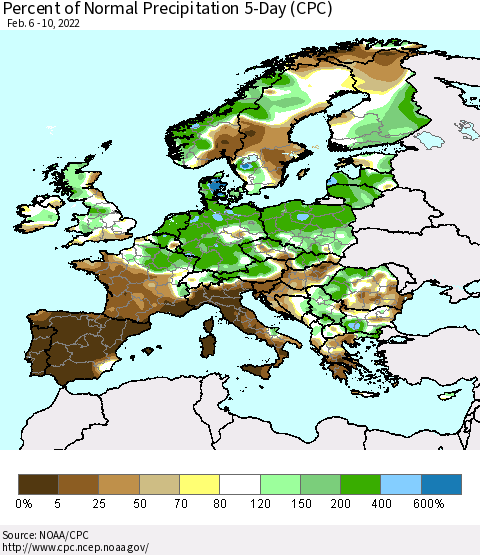 Europe Percent of Normal Precipitation 5-Day (CPC) Thematic Map For 2/6/2022 - 2/10/2022