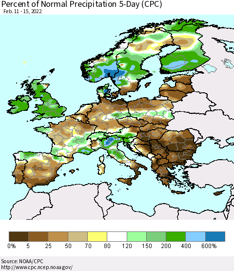 Europe Percent of Normal Precipitation 5-Day (CPC) Thematic Map For 2/11/2022 - 2/15/2022