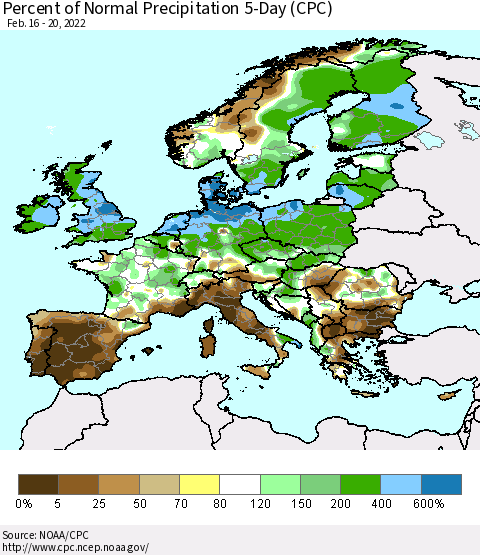 Europe Percent of Normal Precipitation 5-Day (CPC) Thematic Map For 2/16/2022 - 2/20/2022